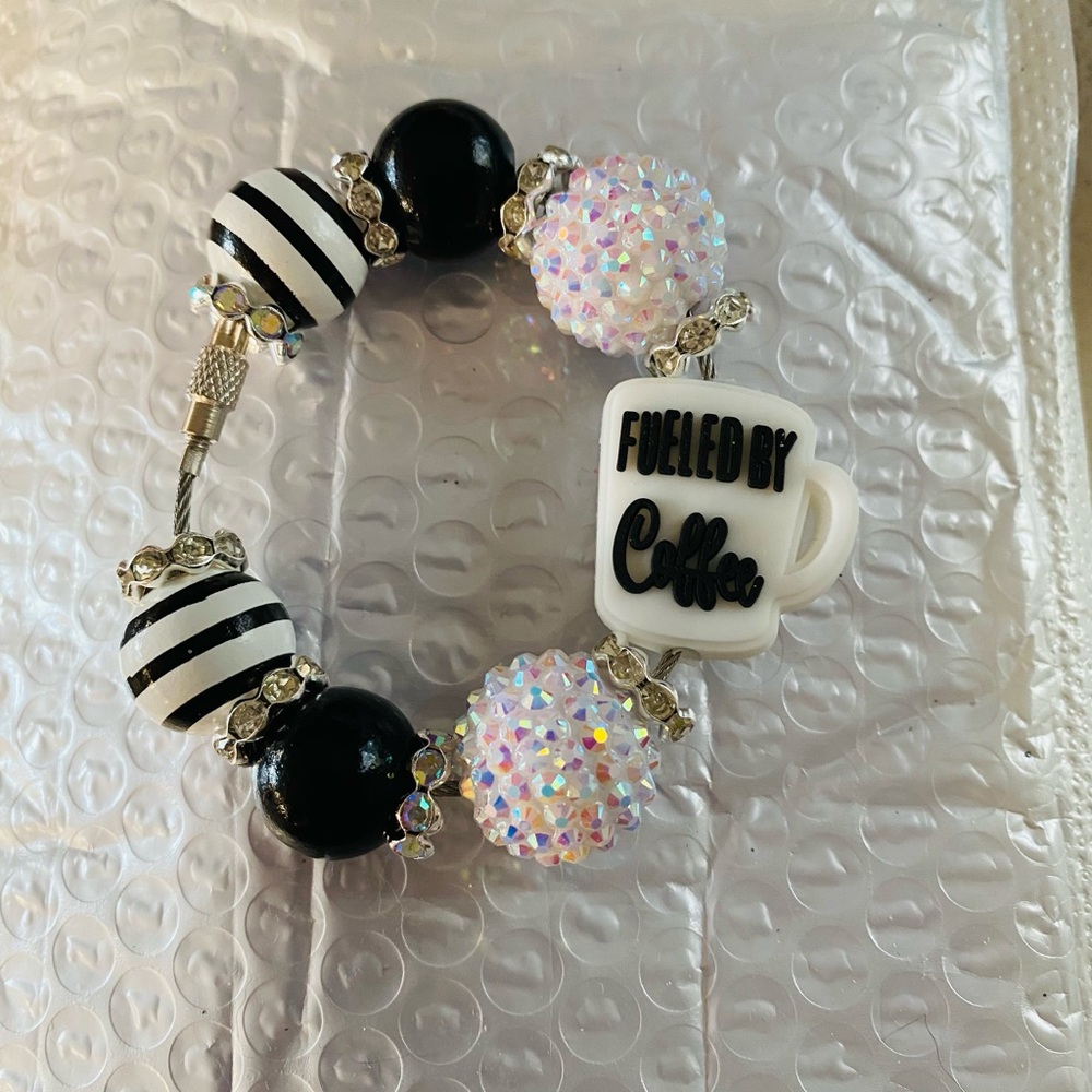 Black and White Beaded Cup Bracelet with Coffee Charm